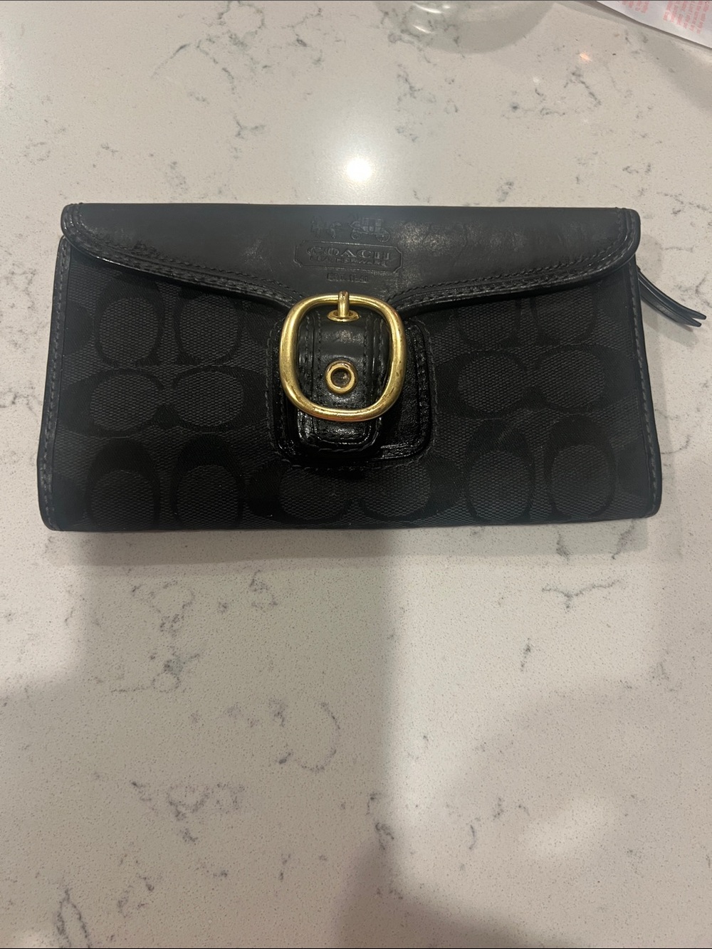 Coach Black Signature Buckle Clutch Wallet with Gold Hardware